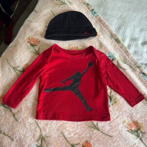 Jordan Red Long Sleeve Tee and hat with Black Silhouette
